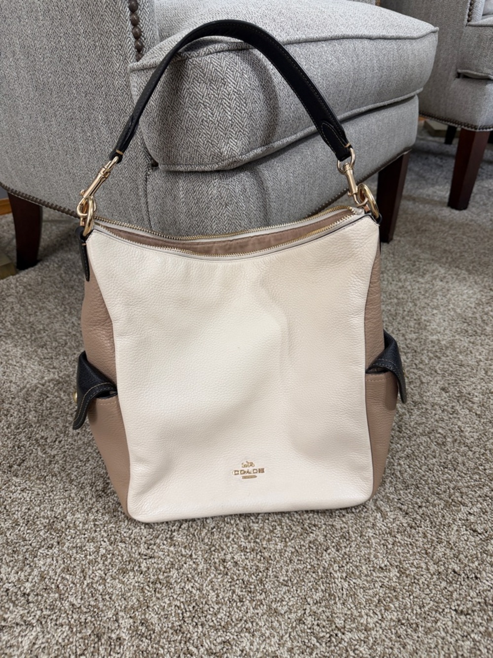 Coach Penny Colorblock Pebbled Leather Shoulder Hobo — Cream Taupe Black